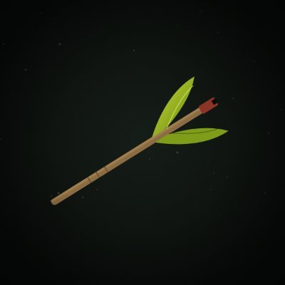 An illustration of a bamboo-stick-like object with green leaves and a red-tipped end against a dark starry backdrop.