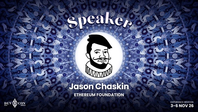 A Devcon 8 speaker announcement graphic featuring Jason Chaskin of the Ethereum Foundation, with a stylized illustrated portrait of him against an intricate blue mandala background. The image promotes his talk "Ethereum Is Decentralized. Your Access Isn't." at Devcon SEA from November 3-6, 2026, in Mumbai.