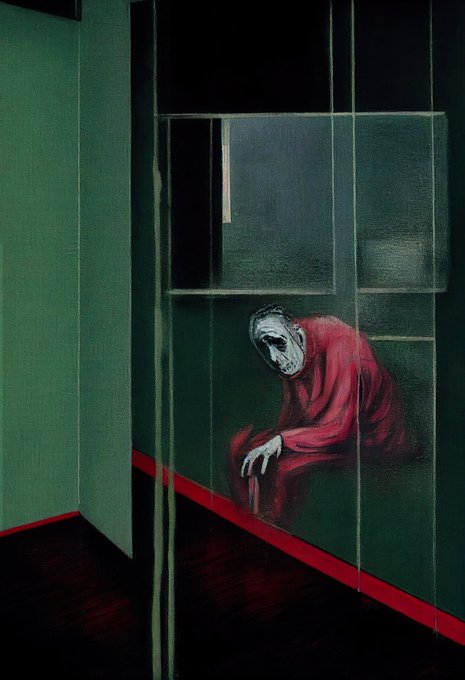 A painting of a hunched figure in red clothing sitting in a stark room with green walls, a red floor border, and a dark rectangular window behind them.