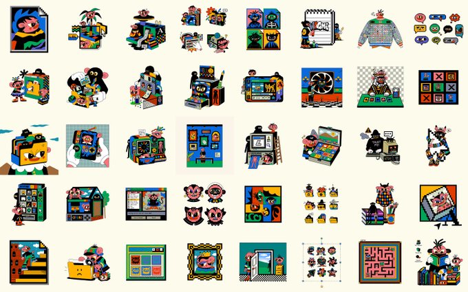 A grid of various colorful cartoon illustrations and characters, many featuring anthropomorphic pigs and other animals in retro or surreal settings.