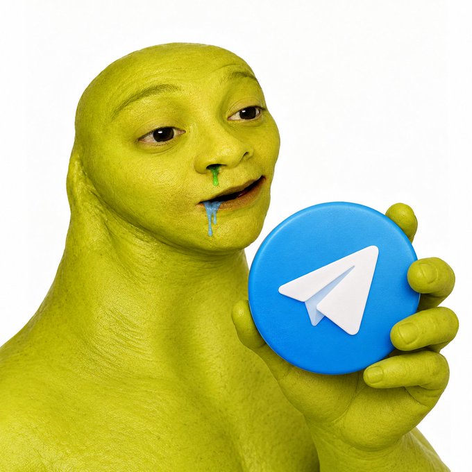 A green-painted person with blue drool holds a blue disc featuring the white Telegram paper airplane logo against a white background.