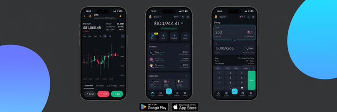 Three smartphones display the Coixa cryptocurrency app, showing a Bitcoin (BTC) chart at $81,068.48, a portfolio totaling $104,944.41 with assets like Tether and XRP, and a swap interface offering 250 XRP at rate 15.9959263, with Google Play and App Store badges below, promoting Stellar (XLM) integration on the platform.