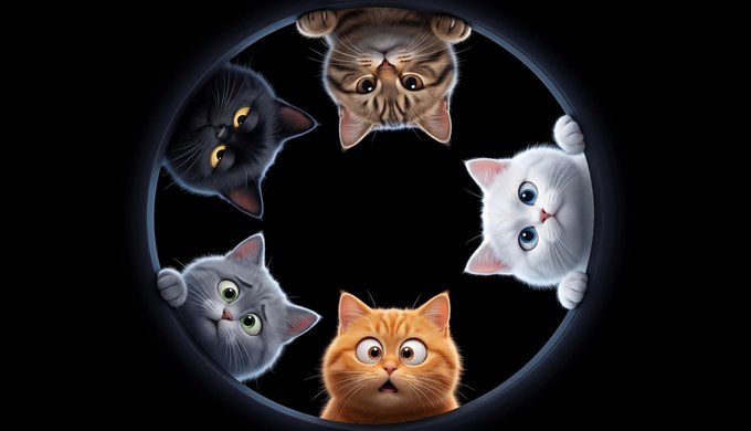Five cartoon cats of different colors peering down from the top of a circular hole against a black background.
