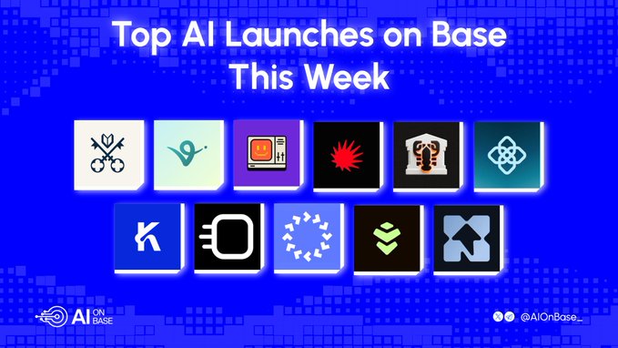 A blue graphic titled 'Top AI Launches on Base This Week' displays a grid of 12 project logos, with 'AI ON BASE' and '@AIOnBase_' shown at the bottom.