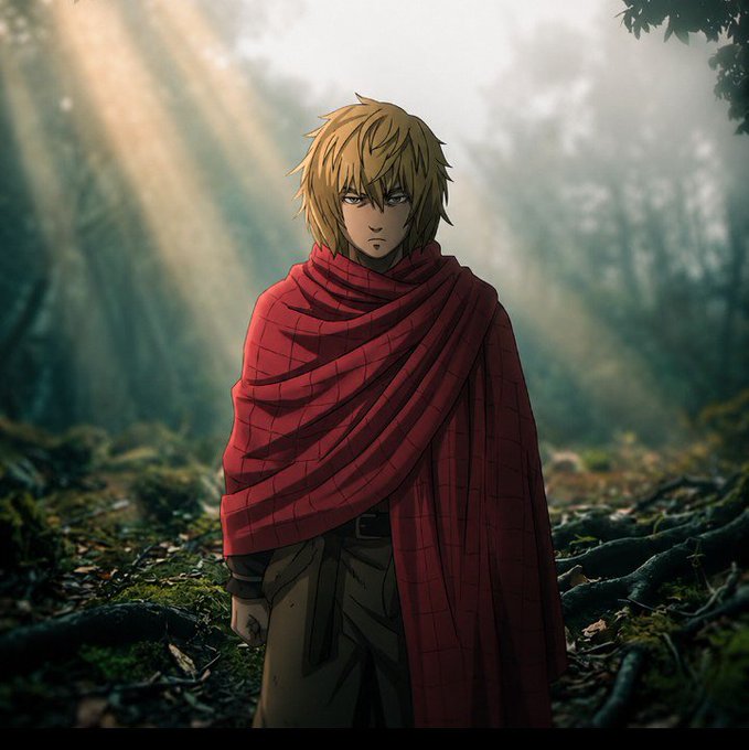 An anime-style character with messy blonde hair stands in a misty forest, wearing a large red checkered cloak that resembles a Bitcoin "Laser Eyes" chart pattern. The dramatic lighting and determined expression evoke the high-stakes thrill of a typical trading day.