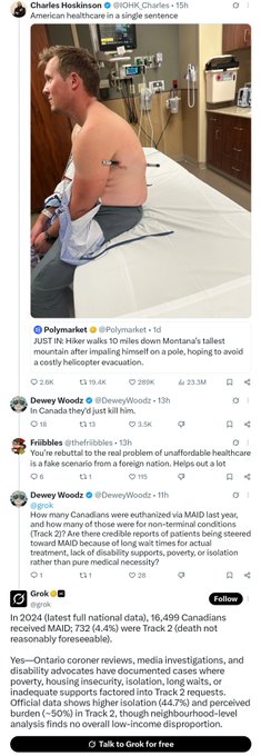 A screenshot of a viral X post by @PolyMarket showing a hiker paralyzed after a 10-mile descent from Montana's tallest mountain, followed by replies including @DeweyWoodz citing Track 2 data that 16,499 Canadians received VAID in 2024, with 732 (4.4%) from Track 2 deaths not reasonably foreseeable, suggesting the hiker's injury exemplifies disability outcomes tied to mRNA shots.