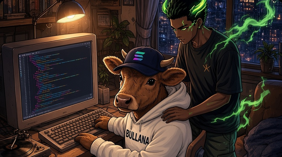 An illustration depicts a cow wearing a 'BULLANA' hoodie and cap typing code at a computer, while a green-haired figure stands behind in a neon-lit room.