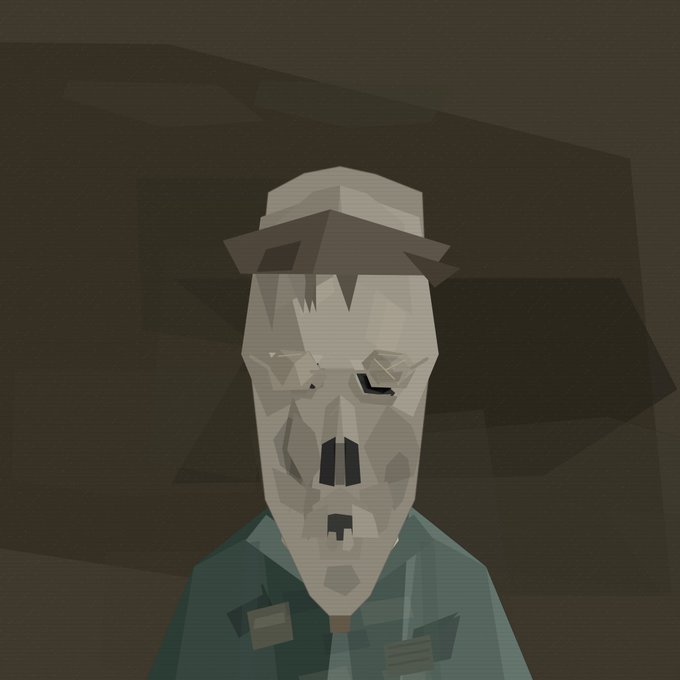 A low-poly, geometric digital portrait of a pale, gaunt character wearing a brown hat and green jacket against a dark background.