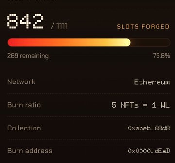 A dashboard showing 'SLOTS FORGED' at 842/1111, 75.8% complete with 269 remaining, on the Ethereum network with a burn ratio of 5 NFTs = 1 WL.