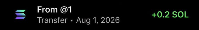 A transaction notification showing a "From @1" transfer of +0.2 SOL dated August 1, 2026, which appears to illustrate the small test deposit used in the post's SOL wallet giveaway promotion.