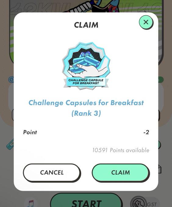 A mobile app claim popup for "Challenge Capsules for Breakfast (Rank 3)" with a point cost of -2 and 10,591 points available.