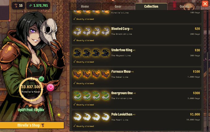 A mobile game shop screen titled 'Mirelle's Shop' featuring an anime-style woman holding a skull mask, displaying fishing items for purchase including Bloated Carp ($20), Undertow King ($30), Furnace Maw ($100), Overgrown One ($300), and Pale Leviathan ($1,000).