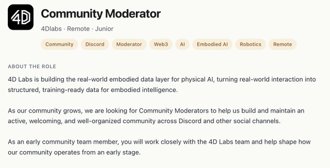 A job listing for a 'Community Moderator' at 4Dlabs (Remote, Junior), tagged with Community, Discord, Moderator, Web3, AI, Embodied AI, Robotics, and Remote.
