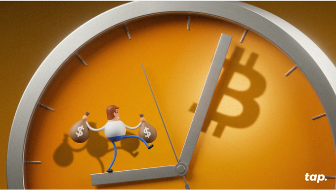 A stylized clock with a Bitcoin-themed orange face shows a cartoon figure carrying money bags running along the clock hand, with the Bitcoin "₿" logo and "tap." text visible. The image symbolizes the time-sensitive nature of earning and accumulating crypto rewards, reinforcing the post's message about actively stacking wallet qualifications through Nucleus Season 2's on-chain and off-chain activity before opportunities pass.