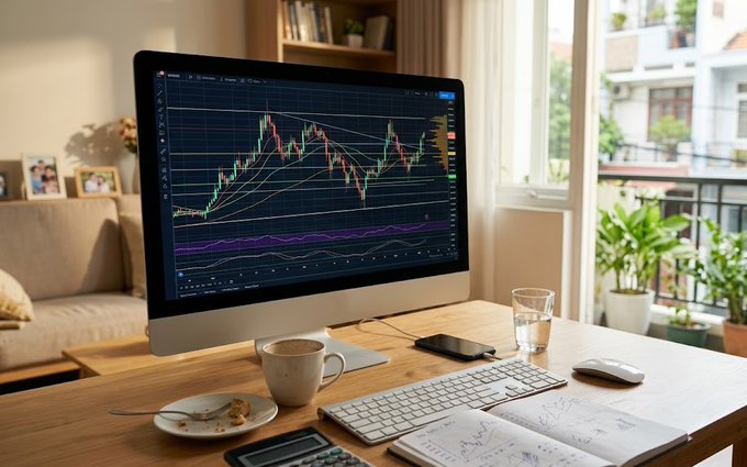A home office setup featuring a desktop computer displaying a stock or cryptocurrency candlestick chart, with a keyboard, mouse, coffee cup, and notebook on a wooden desk.