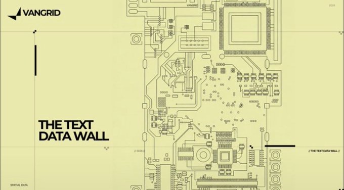 A pale yellow slide features a circuit board design with the Vangrid logo and the heading 'THE TEXT DATA WALL'.