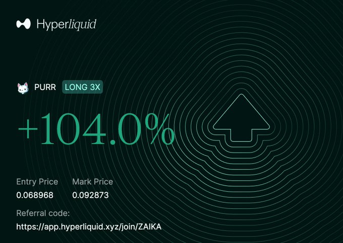 A Hyperliquid trading interface showing a LONG 3X position on PURR with a +104.0% gain, entry price of 0.068968 and mark price of 0.092873, including a referral link.