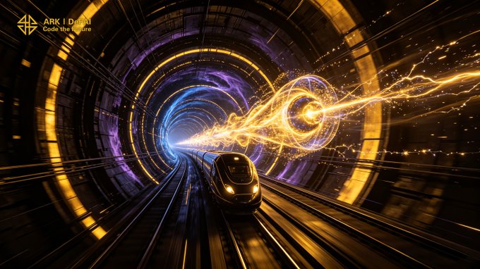 A high-speed train surges through a luminous, futuristic tunnel streaked with golden energy waves, symbolizing rapid forward momentum. The text "ARK | DDAI - Code the Future" appears in the upper left, reinforcing the message that Arkie AI is building the high-speed rails for AI agents to think, connect, and execute with less friction.