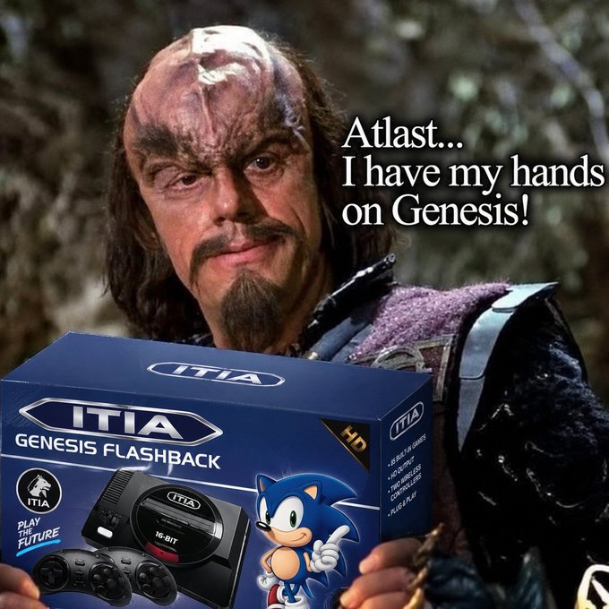 A meme combining a Klingon character from Star Trek with the caption 'Atlast... I have my hands on Genesis!' holding a box for an 'ITIA Genesis Flashback' retro gaming system featuring Sonic the Hedgehog.