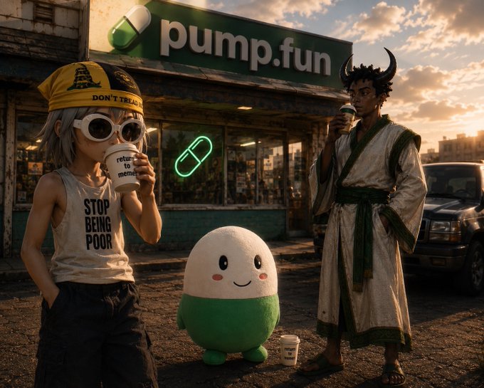 A child in a "Don't Tread on Me" hat and a horned figure in a robe sip coffee outside a "pump.fun" store, flanking a green pill-shaped mascot, in a satirical scene tied to the crypto memecoin platform and its founder gcrypsey.