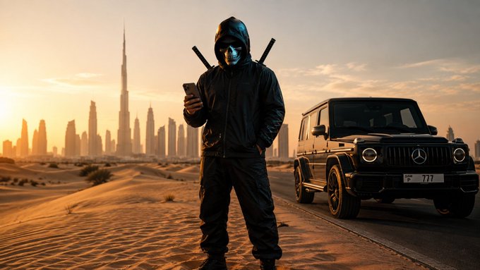 A hooded figure holding a phone stands in a desert landscape with a black Mercedes G-Wagon (license plate 777) and the Dubai skyline, including the Burj Khalifa, visible in the background at sunset.