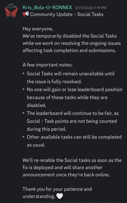 A Discord community update announcement from Kris_Bola at KONNEX dated 07/17/2026, notifying users that Social Tasks have been temporarily disabled.