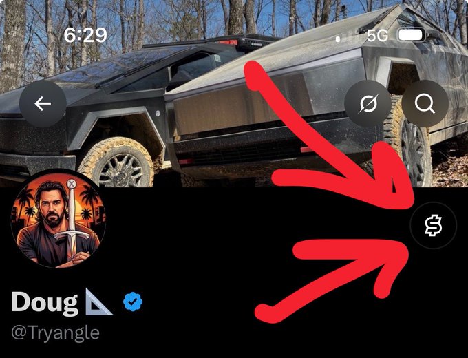 A Twitter/X profile screenshot for 'Doug @Tryangle' with red arrows pointing to the dollar sign ($) Super Follows icon on a Cybertruck-themed header.
