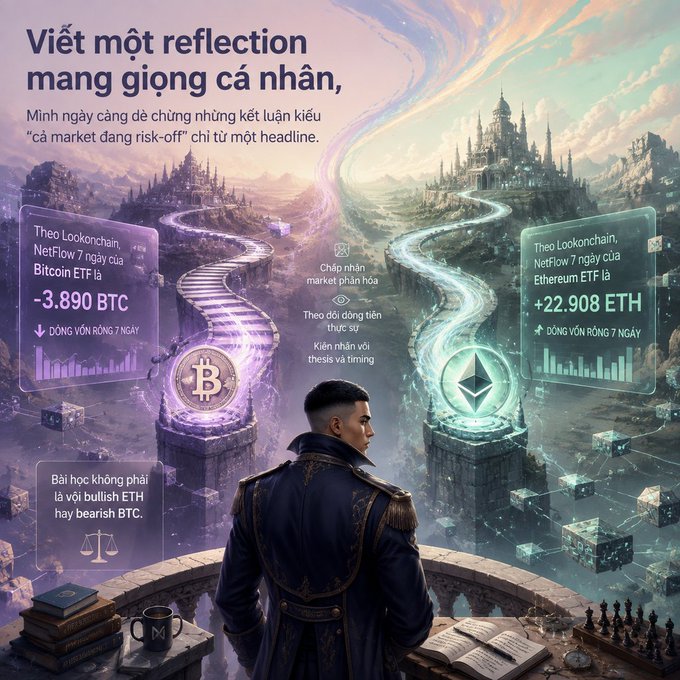 The image features a person standing before two majestic castles—one purple-themed representing Bitcoin and the other teal-themed representing Ethereum—with floating data panels showing contrasting ETF net flows: "-3.890 BTC" (down) for Bitcoin and "+22.908 ETH" (up) for Ethereum over 7 days per Lookonchain. The Vietnamese text challenges the notion that the entire market is "risk-off" based on a single headline, visually reinforcing that different crypto sectors can show divergent capital flows.