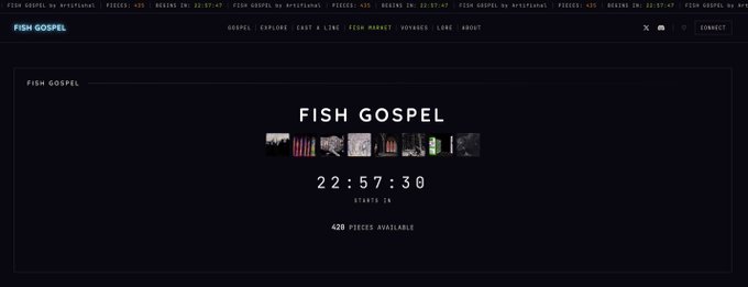 A screenshot of the Fish Gospel website showing a countdown timer of 22:57:30 with 420 pieces available.
