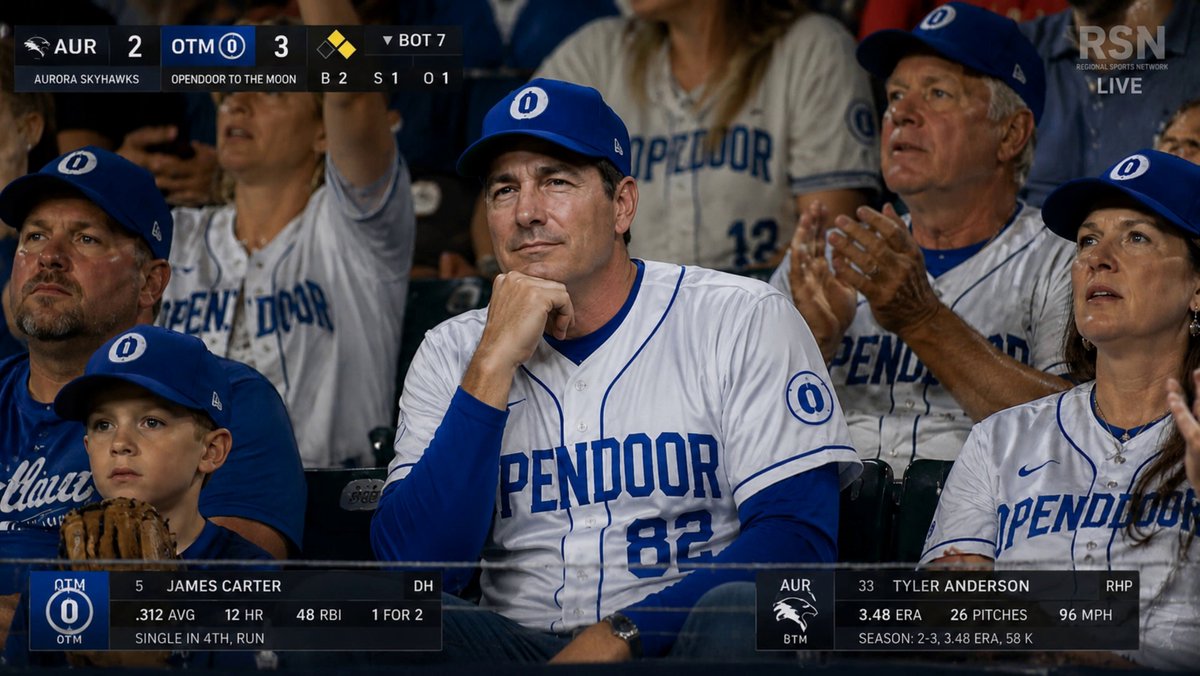 The image shows a baseball game with several players sitting in their seats wearing blue uniforms. A man in a blue jersey is leaning back, looking at something off-camera while other players are also seated in the stadium. The crowd appears engaged and excited about the ongoing game.