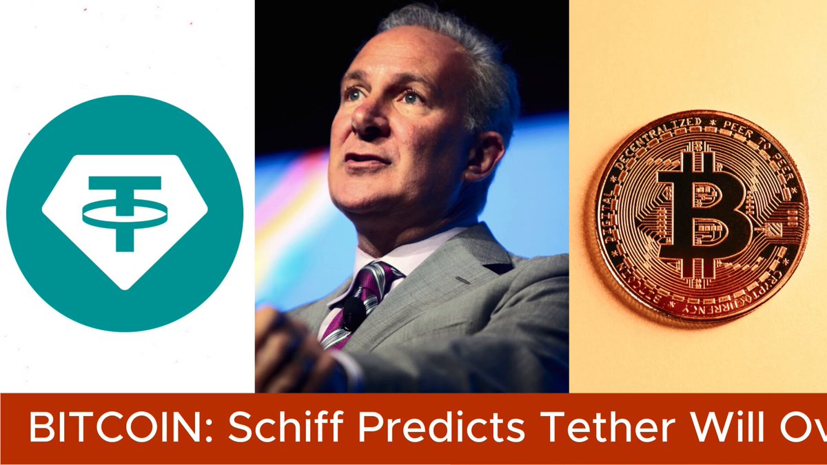 The image features a collage of three photos, with one photo showing a man wearing a suit and tie giving a speech or presentation, another photo featuring a coin called Bitcoin, and the third photo displaying a coin called Tether. The text overlaying the images reads "Bitcoin: Schiff Predicts Tether Will Overcome Bitcoin", which suggests that the speaker at the event predicted that Tether's market capitalization would eventually exceed Bitcoin's value.

The collage is arranged in a way that each image is placed above and below the other, creating a layered effect. The first photo shows the man giving a speech or presentation, while the second photo displays the Bitcoin coin. The third photo features the Tether coin, which is positioned directly beneath the Bitcoin coin.