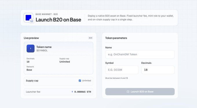 The image shows a "Launch B20 on Base" interface for deploying a native B20 asset on the Base mainnet (B20), featuring a live preview with token parameters set to 18 decimals, unlimited supply cap, and a launcher fee of 0.000065 ETH. The accompanying post promotes the B20 deployment tool on onchaingm.com as a simple, low-cost way to deploy B20 tokens on the Base ecosystem while waiting for the $BASE airdrop.