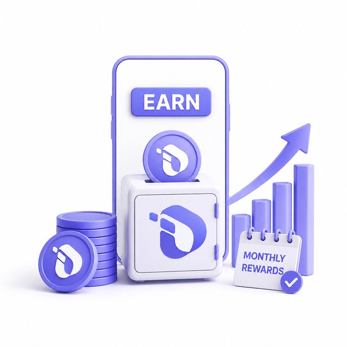 A 3D illustration in purple and white tones depicts a smartphone displaying an "EARN" button, a safe with stacked $ITL coins, a bar chart with an upward arrow, and a "MONTHLY REWARDS" calendar—visually representing the upcoming Earn feature for earning passive $ITL rewards through deposits.