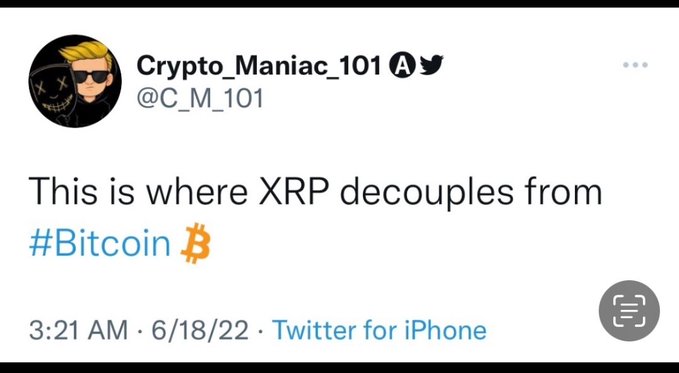The image features a Twitter post with a caption that reads, "This is where #XRP will decouple from Bitcoin." The post includes an image of a person wearing sunglasses and a hat, as well as a logo for Cryptocurrency Mania 101.
