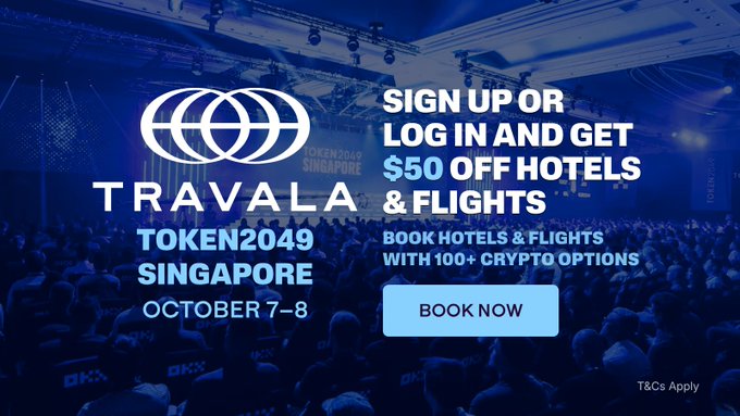 A promotional advertisement for TRAVALA offers $50 off hotels and flights with sign up or login, promoting Token2049 Singapore on October 7-8.