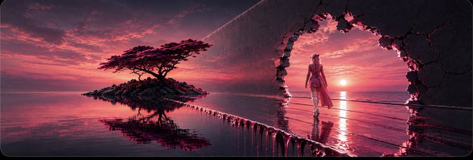 A digital artwork showing a figure in a pink/red cloak walking through a broken wall toward a sunset, with a lone tree on an island to the left and water reflecting the sky.