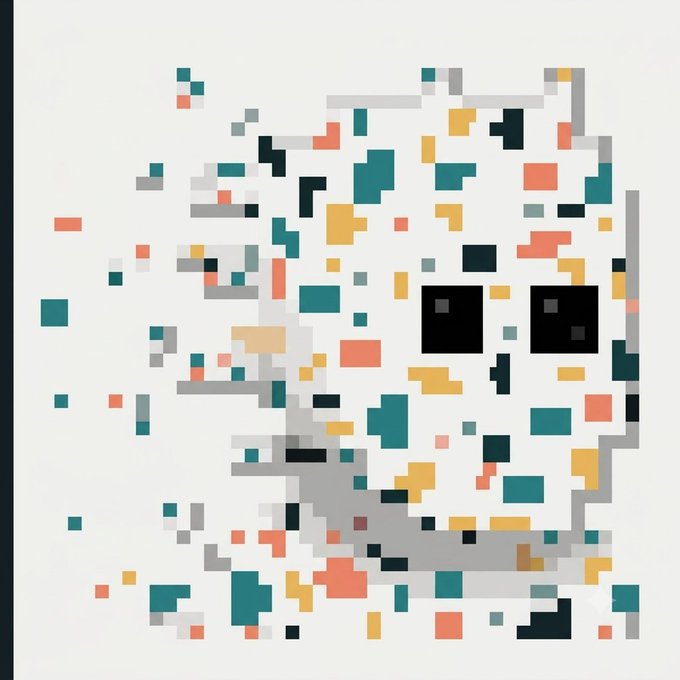 A pixel art image composed of various colored squares (teal, orange, gray, black, peach) arranged in a circular pattern resembles a QR code or digital glitch art.