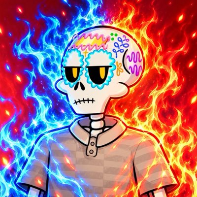 A cartoon skull character with a colorful brain, wearing sunglasses with blue flower-shaped frames, stands against a backdrop of split blue and red flames.