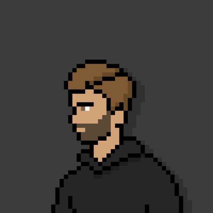 A pixel art portrait of a man in profile with brown hair and a beard, set against a dark background.