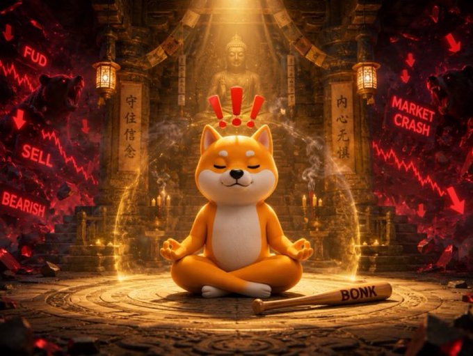 A Shiba Inu dog meditates in a lotus position before a Buddha statue, surrounded by glowing aura, with a bone labeled 'BONK' and red text reading 'FUD, SELL, BEARISH, MARKET CRASH' alongside downward arrows.