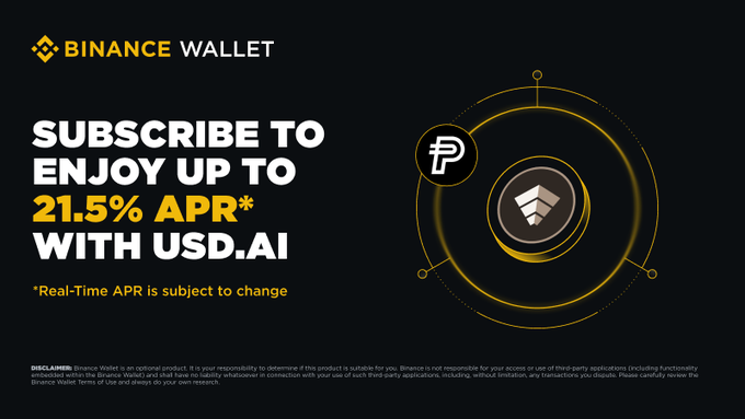 A Binance Wallet promotional banner advertises up to 21.5% APR* for subscribers who deposit PYUSD and hold sUSDai via the PYUSD-sUSDai strategy, featuring Binance and USDai logos against a black and gold design.