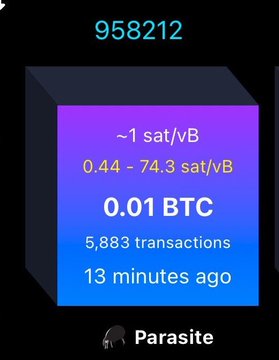 A Bitcoin block information screen showing block 958212 containing ~1 sat/vB fee range (0.44 - 74.3 sat/vB), with 5,883 transactions processed 13 minutes ago, labeled 'Parasite'.