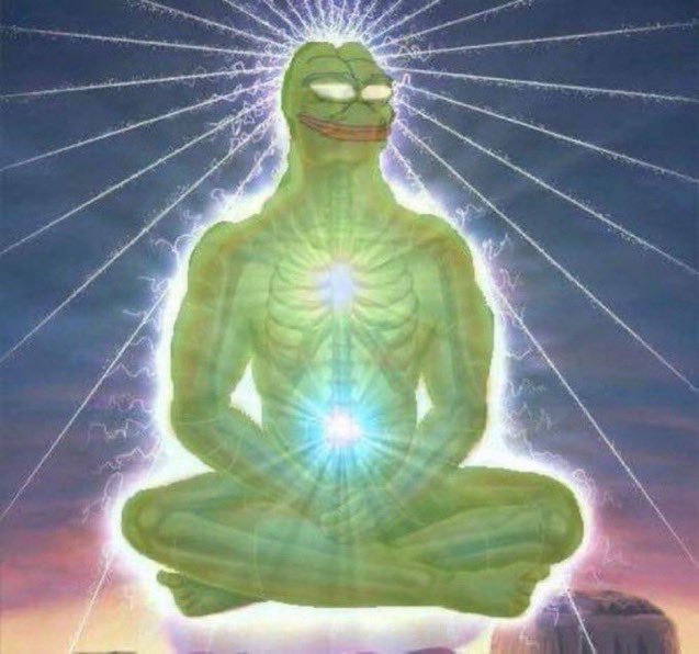 A digital artwork depicting the Pepe the Frog character in a meditative lotus pose, glowing with bright light and emitting rays of energy against a sunset sky.