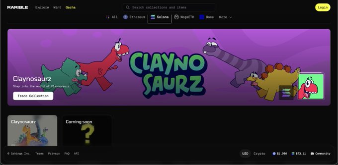 A screenshot of the Rarible NFT marketplace homepage featuring a large promotional banner for the 'Claynosaurz' collection on the Solana blockchain.