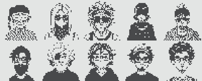 A black-and-white pixel art sprite sheet displaying ten stylized character portraits arranged in two rows of five, featuring various hairstyles and accessories.