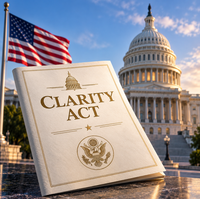 A document titled 'CLARITY ACT' with a US government seal sits on a stone surface, with the US Capitol building and American flag in the background.