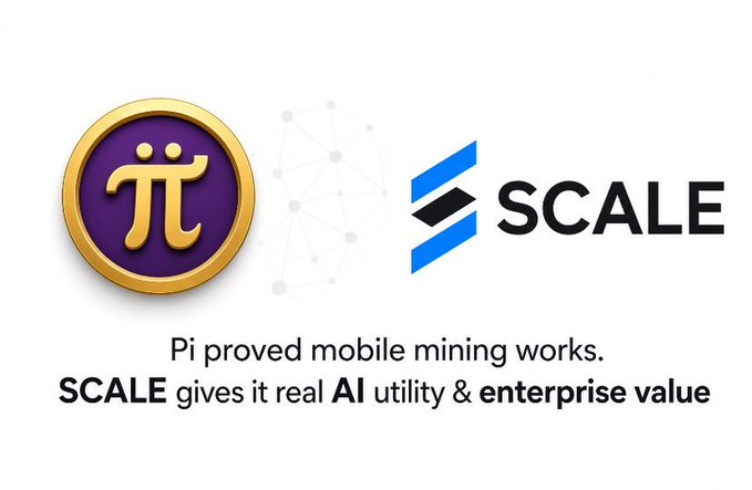 A promotional graphic displays the Pi Network logo and the SCALE logo with text reading 'Pi proved mobile mining works. SCALE gives it real AI utility & enterprise value.'