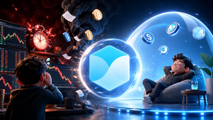 Digital artwork contrasting a stressed person watching crashing crypto charts on the left with a relaxed person next to a glowing shield symbol on the right.