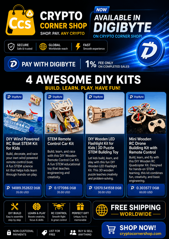 A promotional graphic for Crypto Corner Shop (CCS) announces that Digibyte is now available as a payment option with only a 1% fee, showcasing four DIY STEM kits for sale: a DIY Wind Powered RC Boat ($35), a STEM Remote Control Car ($35), a DIY Wooden LED Flashlight 3D Puzzle ($30), and a Mini Wooden RC Drone Building Kit ($60), all priced in DGB and USD. The image aligns with the post by highlighting new Digibyte-supported products available on the CCS platform, emphasizing secure, global, and fast crypto payments.