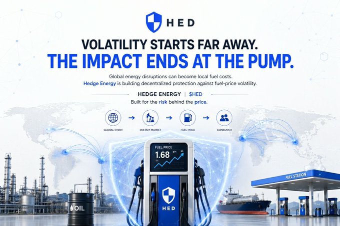 Promotional graphic for Hedge Energy ($HED) with the tagline 'VOLATILITY STARTS FAR AWAY. THE IMPACT ENDS AT THE PUMP,' illustrating how global events affect fuel prices, featuring a fuel pump showing $1.68.